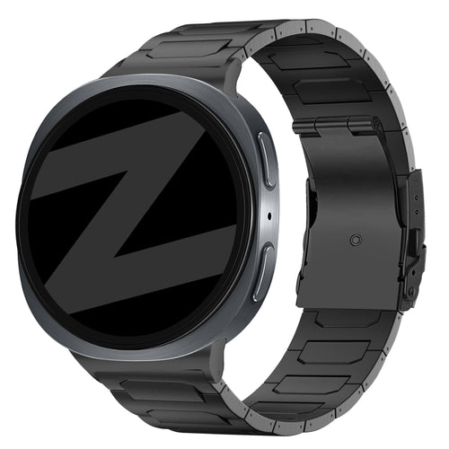 Titanium Strap 'Deluxe', black, on a watch, 3/4 front view