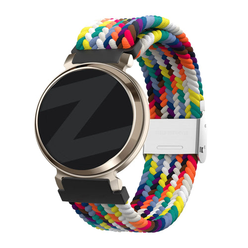 Woven Nylon Strap, rainbow, on a watch, 3/4 front view