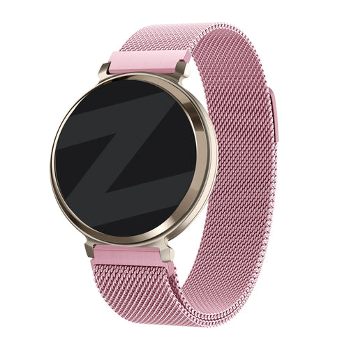 Milanese Loop Strap, pink, on a watch, 3/4 front view