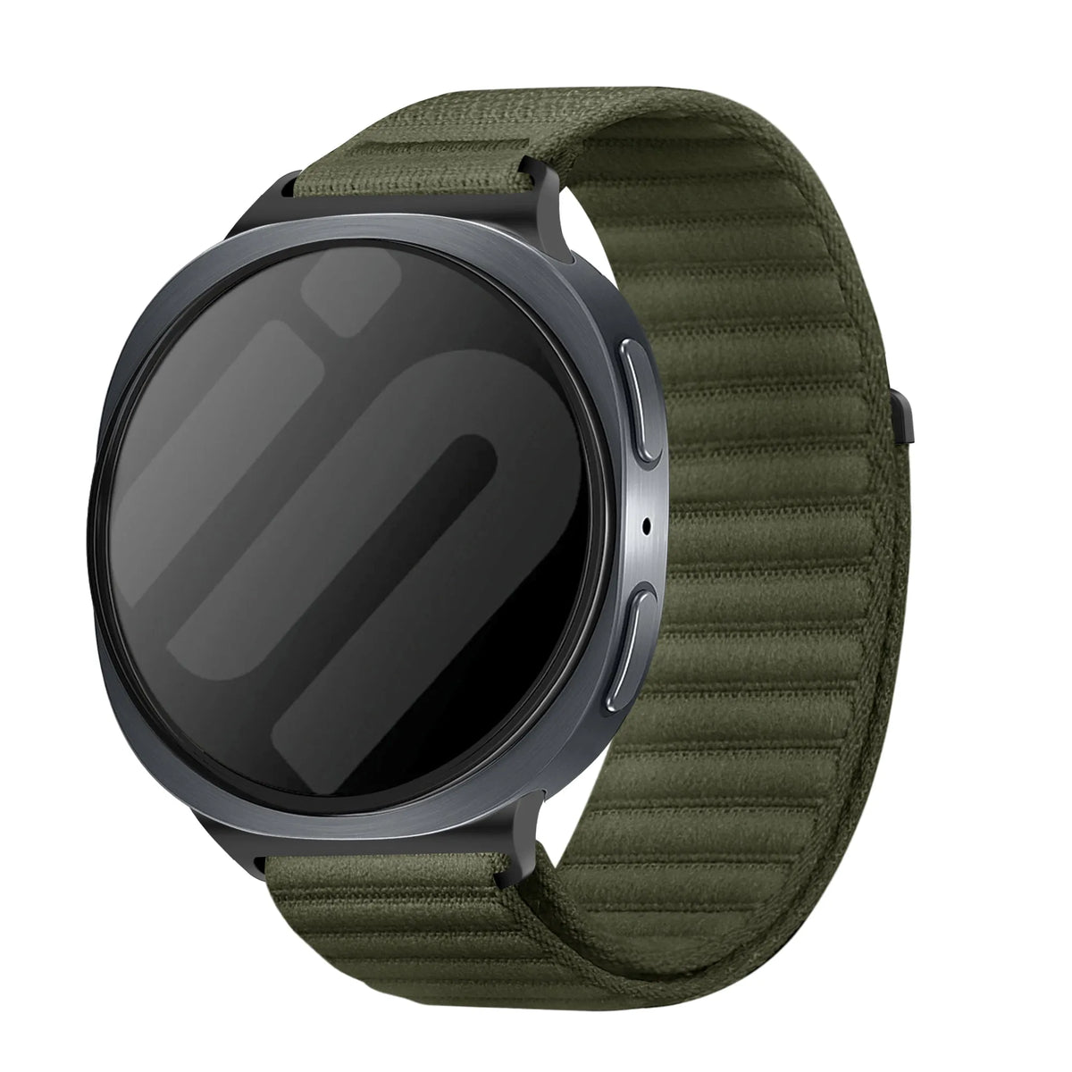 Wave Nylon Strap, dark green, on a watch, 3/4 front view
