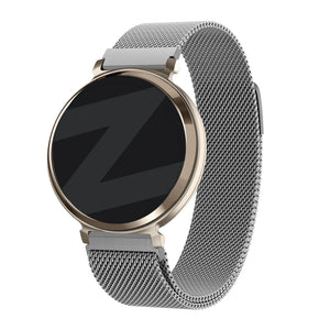Milanese Loop Strap, silver, on a watch, 3/4 front view