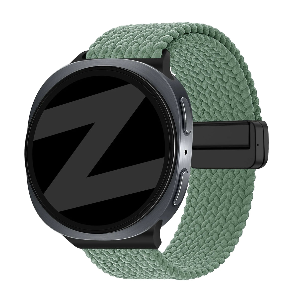 Nylon Braided Strap 'Easy Fit', viridian, on a watch, 3/4 front view