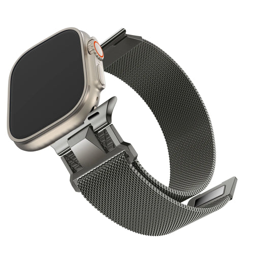Milanese Strap 'Mecha', titanium grey, on a watch, 3/4 front view