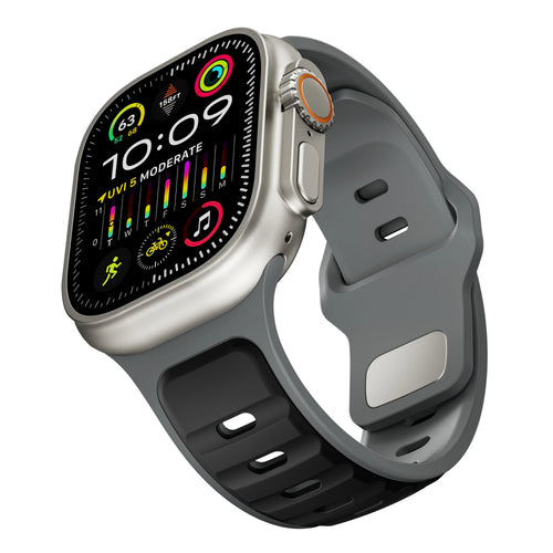 Silicone Premium Outdoor Strap, black/grey, on a watch, 3/4 front view