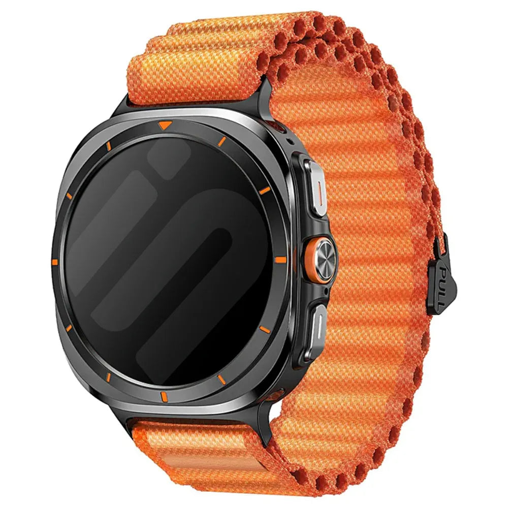 Outdoor Nylon Strap, orange, on a watch, 3/4 front view