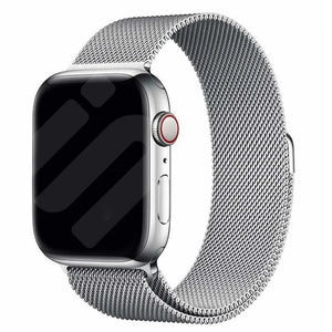 Milanese Strap, silver, on a watch, 3/4 front view