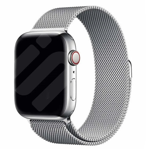 Milanese Strap, silver, on a watch, 3/4 front view