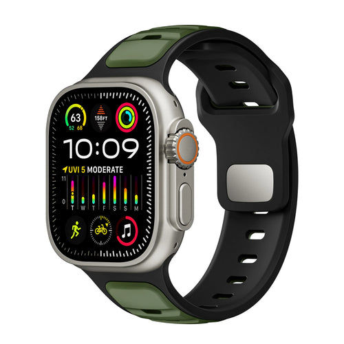 Silicone Premium Outdoor Strap, army green/black, on a watch, 3/4 front view