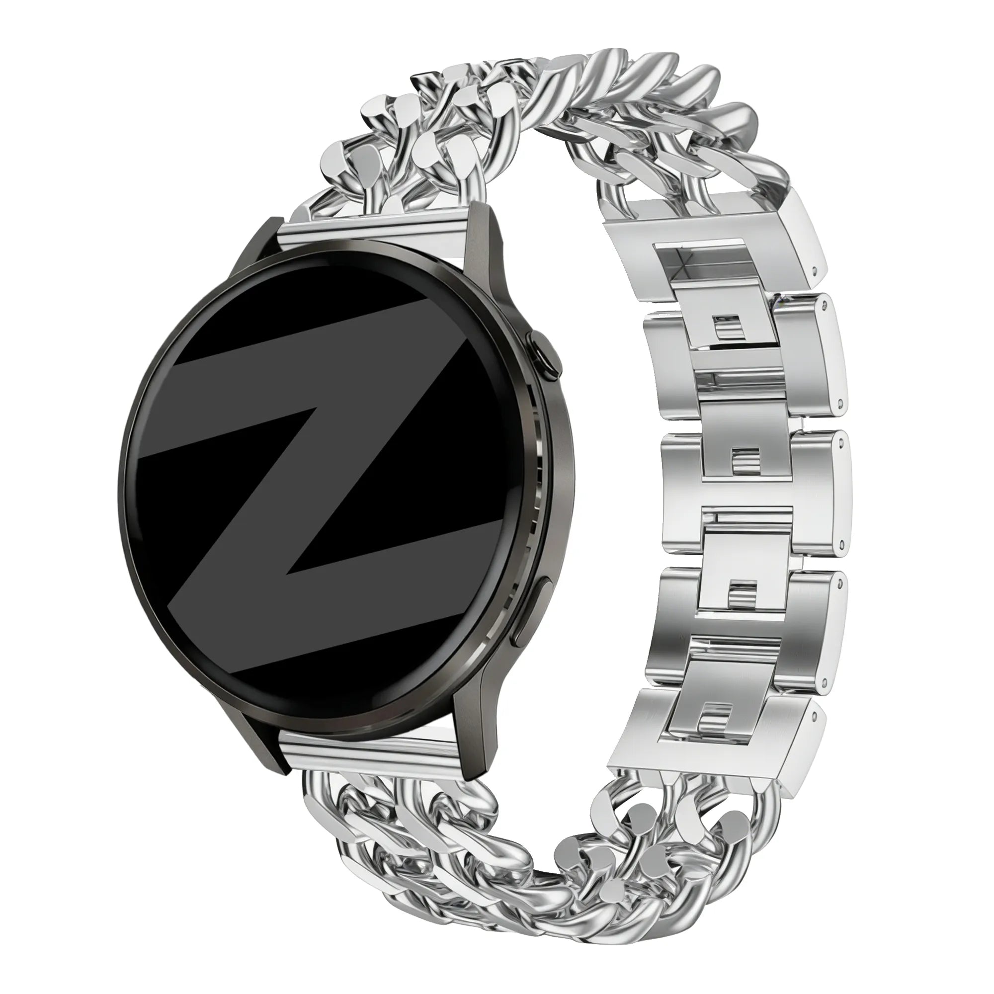 Metal Strap 'Double Chains', silver, on a watch, 3/4 front view