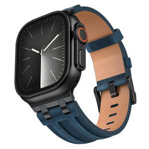 Solid Leather Strap, dark blue, on a watch, 3/4 front view