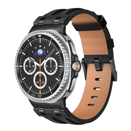 Solid Leather Strap, black, on a watch, 3/4 front view