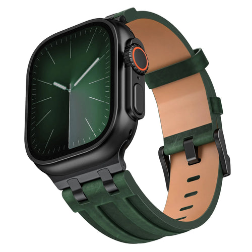 Solid Leather Strap, dark green, on a watch, 3/4 front view