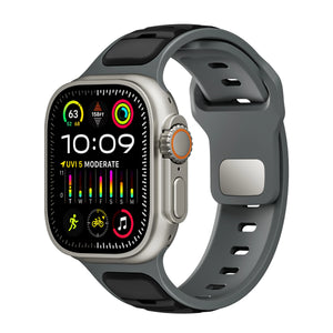 Silicone Premium Outdoor Strap, black/grey, on a watch, 3/4 front view