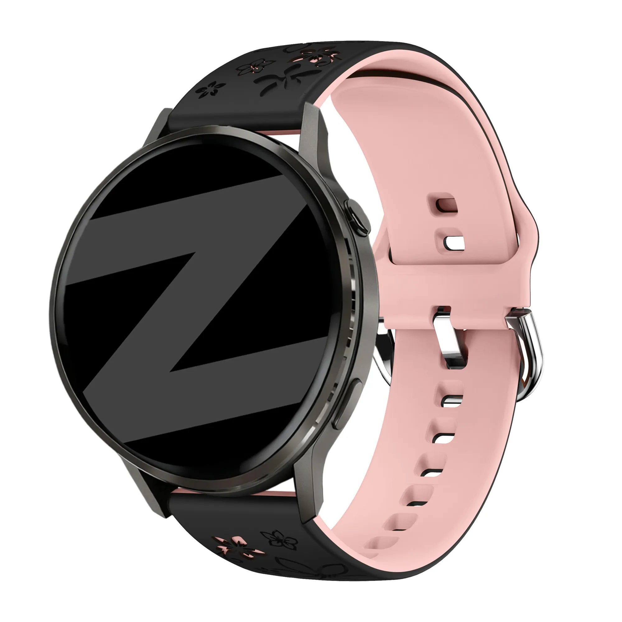 Bandz Garmin Forerunner 265s Silikonarmband 'Flowers' (Schwarz/Hellrosa)