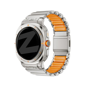 Titanium Strap 'Hybrid', titanium/orange, on a watch, 3/4 front view