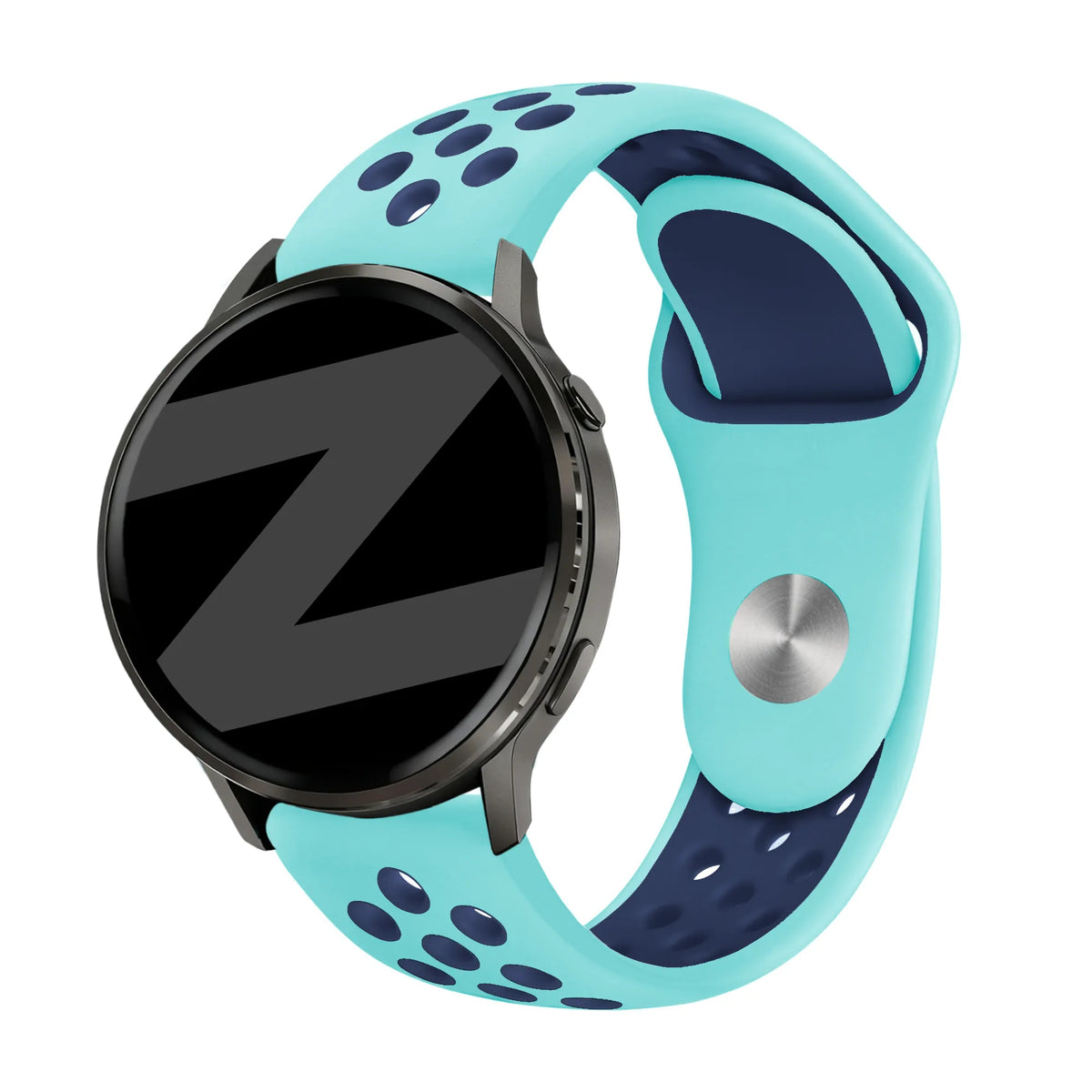 Silicone Sport Strap 'Deluxe', aqua/blue, on a watch, 3/4 front view