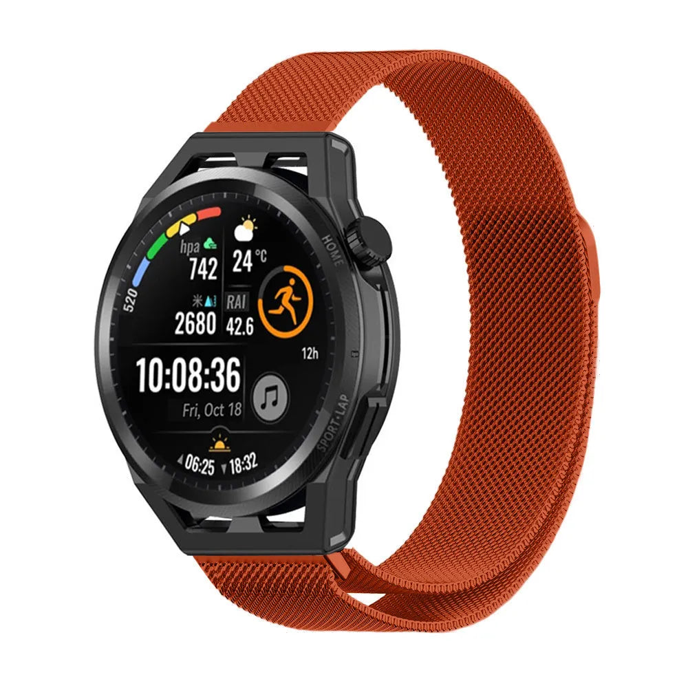 Milanese Strap, orange, on a watch, 3/4 front view
