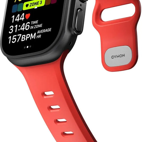 Silicone Strap 'Tempo', coral, on a watch, 3/4 front view