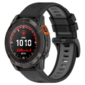 Silicone Buckled Sport Strap, black/grey, on a watch, 3/4 front view