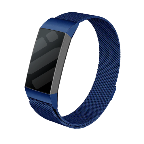 Milanese Strap, blue, on a watch, 3/4 front view