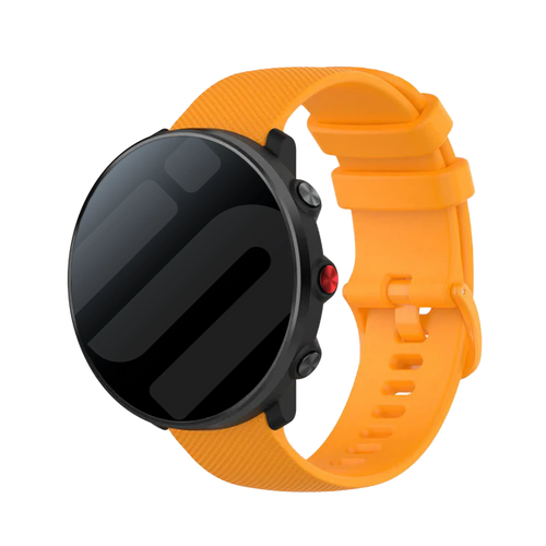 Premium Silicone Strap, orange, on a watch, 3/4 front view