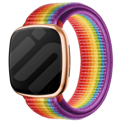 Nylon Strap, rainbow, on a watch, 3/4 front view