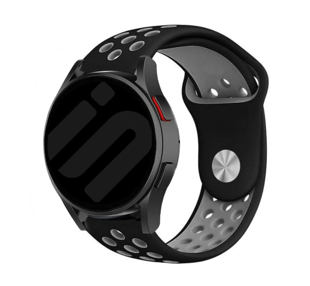 Silicone Sport Strap, black/grey, on a watch, 3/4 front view