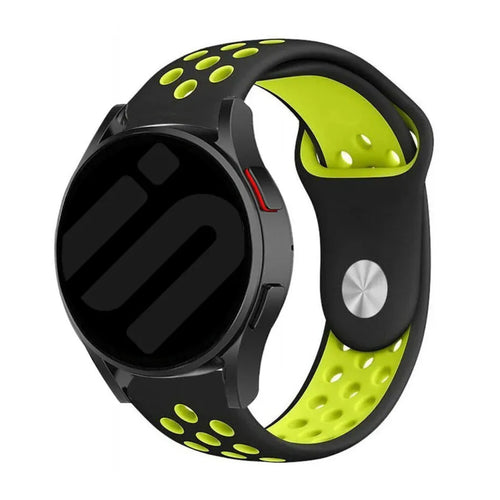 Silicone Sport Strap, black/yellow, on a watch, 3/4 front view