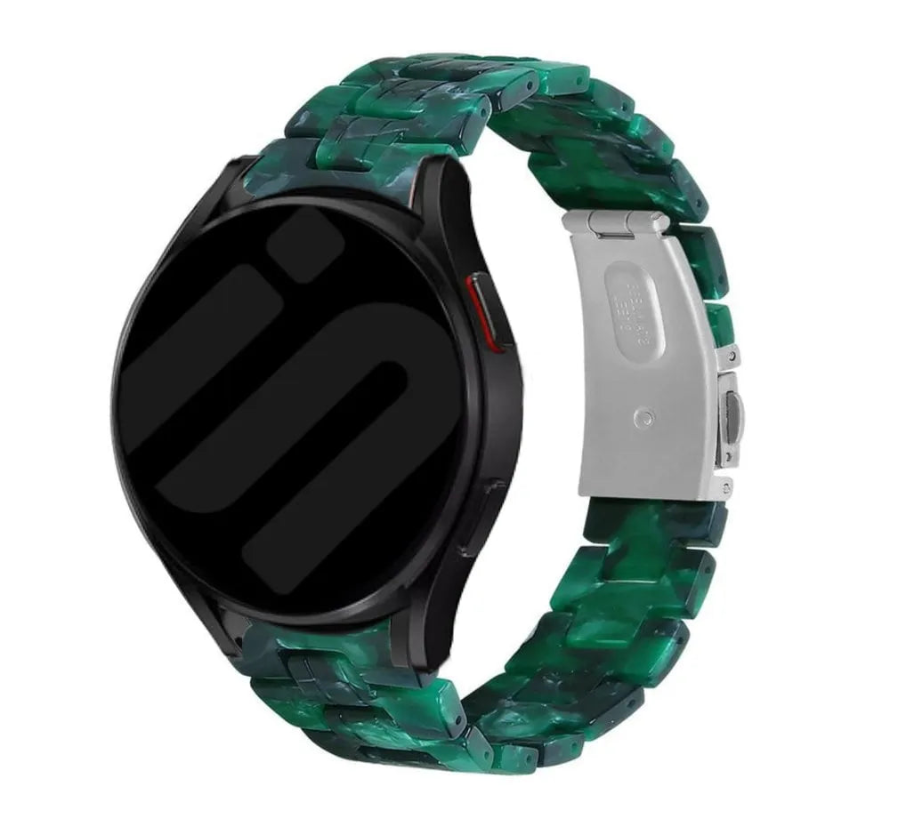 Metal Resin Strap, green, on a watch, 3/4 front view