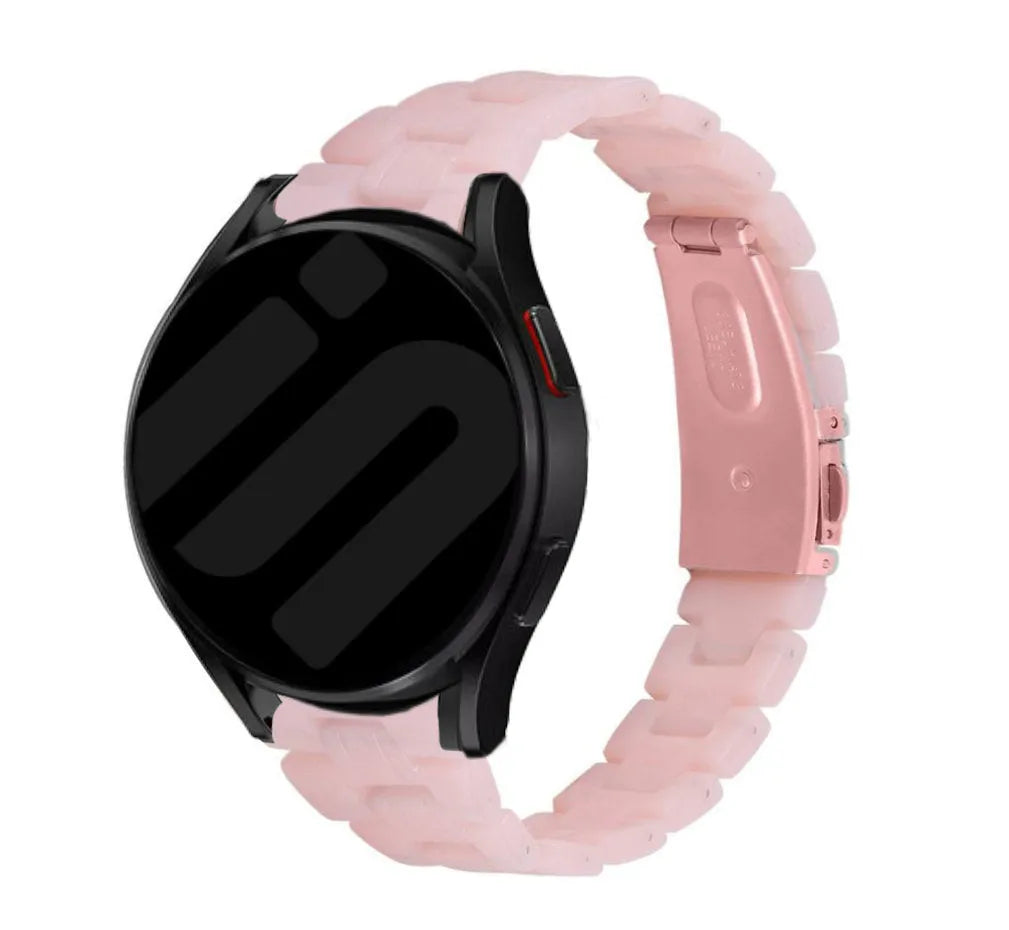 Metal Resin Strap, pink, on a watch, 3/4 front view