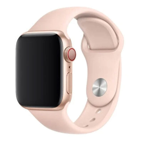 Silicone Strap, soft pink, on a watch, 3/4 front view