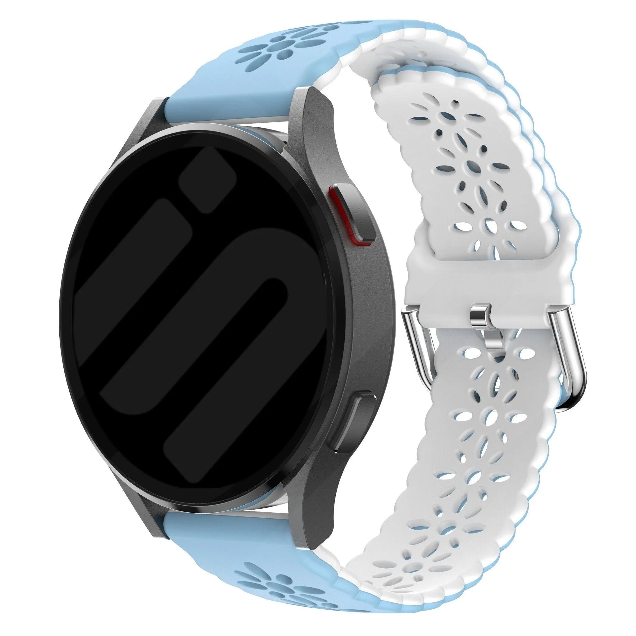 Patterned Silicone Strap, light blue/white, on a watch, 3/4 front view
