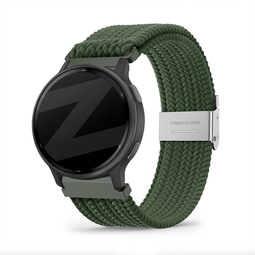Woven Nylon Strap, olive green, on a watch, 3/4 front view
