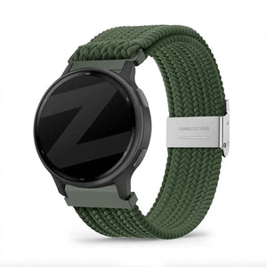 Woven Nylon Strap, olive green, on a watch, 3/4 front view