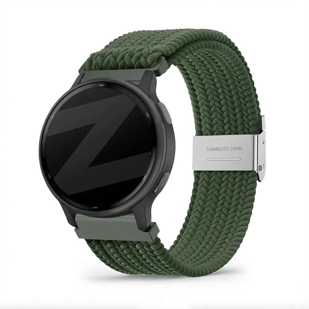 Woven Nylon Strap, olive green, on a watch, 3/4 front view