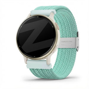 Woven Nylon Strap, turquoise, on a watch, 3/4 front view