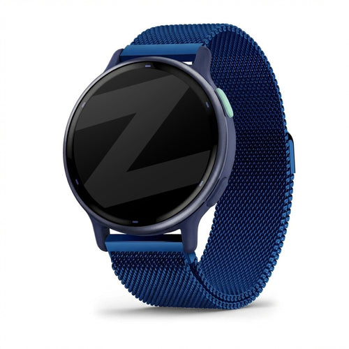 Milanese Loop Strap, blue, on a watch, 3/4 front view