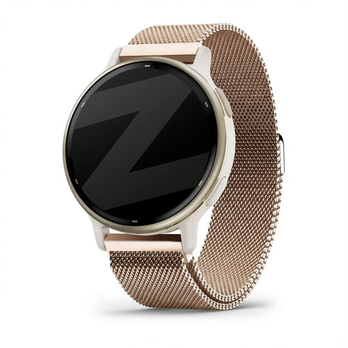 Milanese Loop Strap, rose gold, on a watch, 3/4 front view