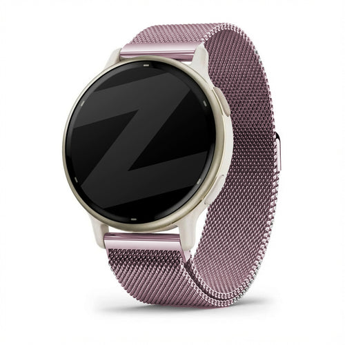 Milanese Loop Strap, pink, on a watch, 3/4 front view