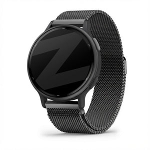 Milanese Loop Strap, black, on a watch, 3/4 front view