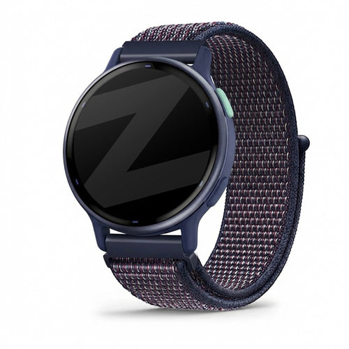 Nylon Loop Strap, indigo, on a watch, 3/4 front view