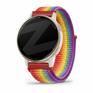 Nylon Loop Strap, rainbow, on a watch, 3/4 front view