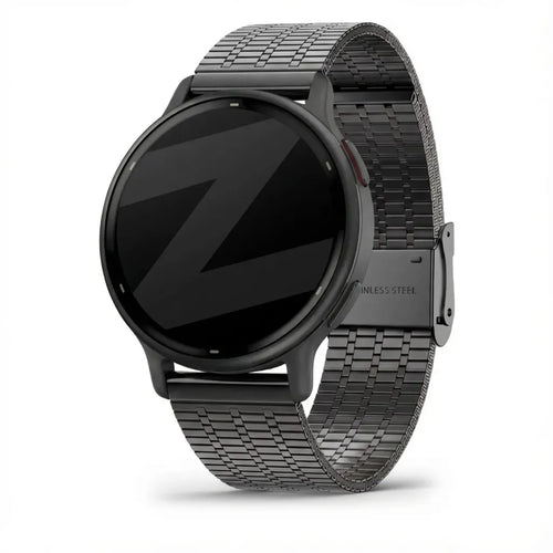 Adjustable Steel Strap, black, on a watch, 3/4 front view