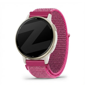 Nylon Loop Strap, dragonfruit, on a watch, 3/4 front view