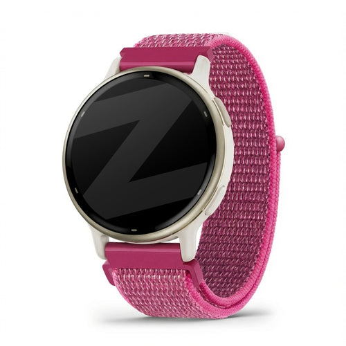 Nylon Loop Strap, dragonfruit, on a watch, 3/4 front view