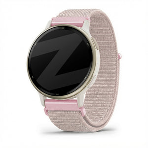 Nylon Loop Strap, rose gold, on a watch, 3/4 front view