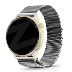 Milanese Loop Strap, silver, on a watch, 3/4 front view