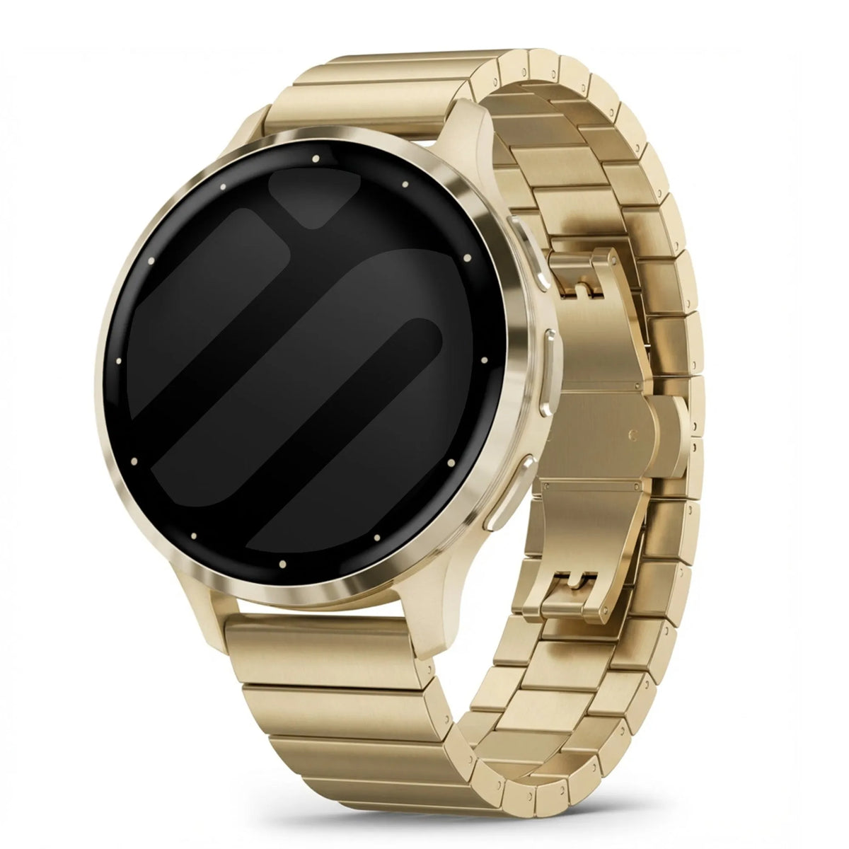 Metal Strap, gold, on a watch, 3/4 front view