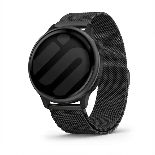 Milanese Strap, black, on a watch, 3/4 front view