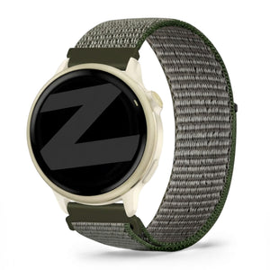 Nylon Loop Strap, olive green, on a watch, 3/4 front view